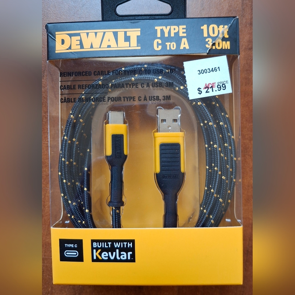 DeWalt Black and Yellow Braided USB Cable 10ft USB C To A